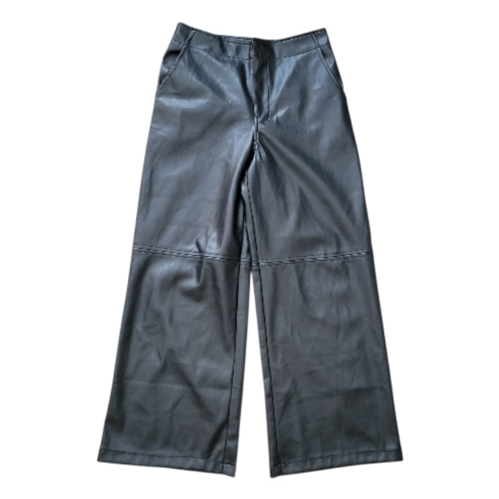 Mystree Black Faux Leather High Rise Waist Wide Leg Pants Buttery Soft Crop MD